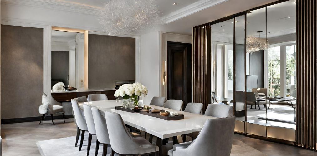 Modern dining room with wall mirror paneling - Beautiful Homes