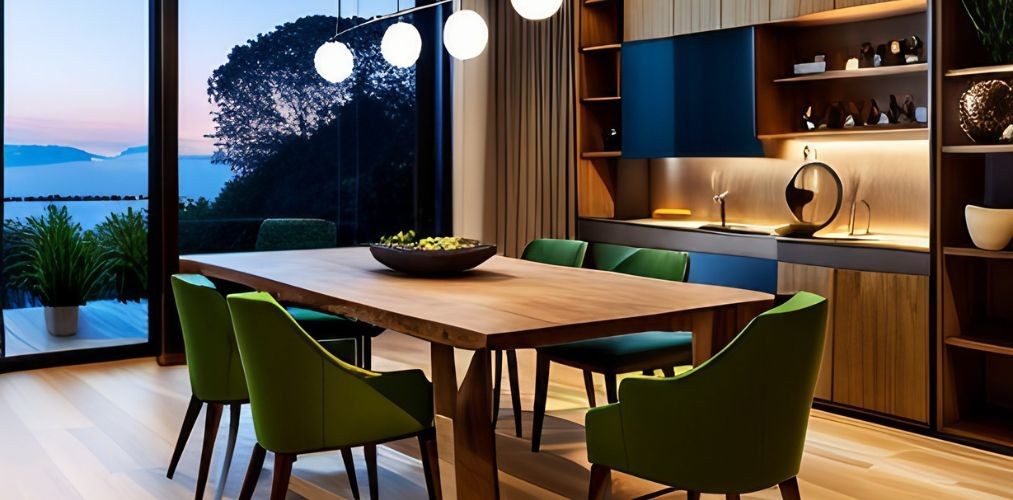 Dining room with wooden dining table and green chairs-Beautiful Homes