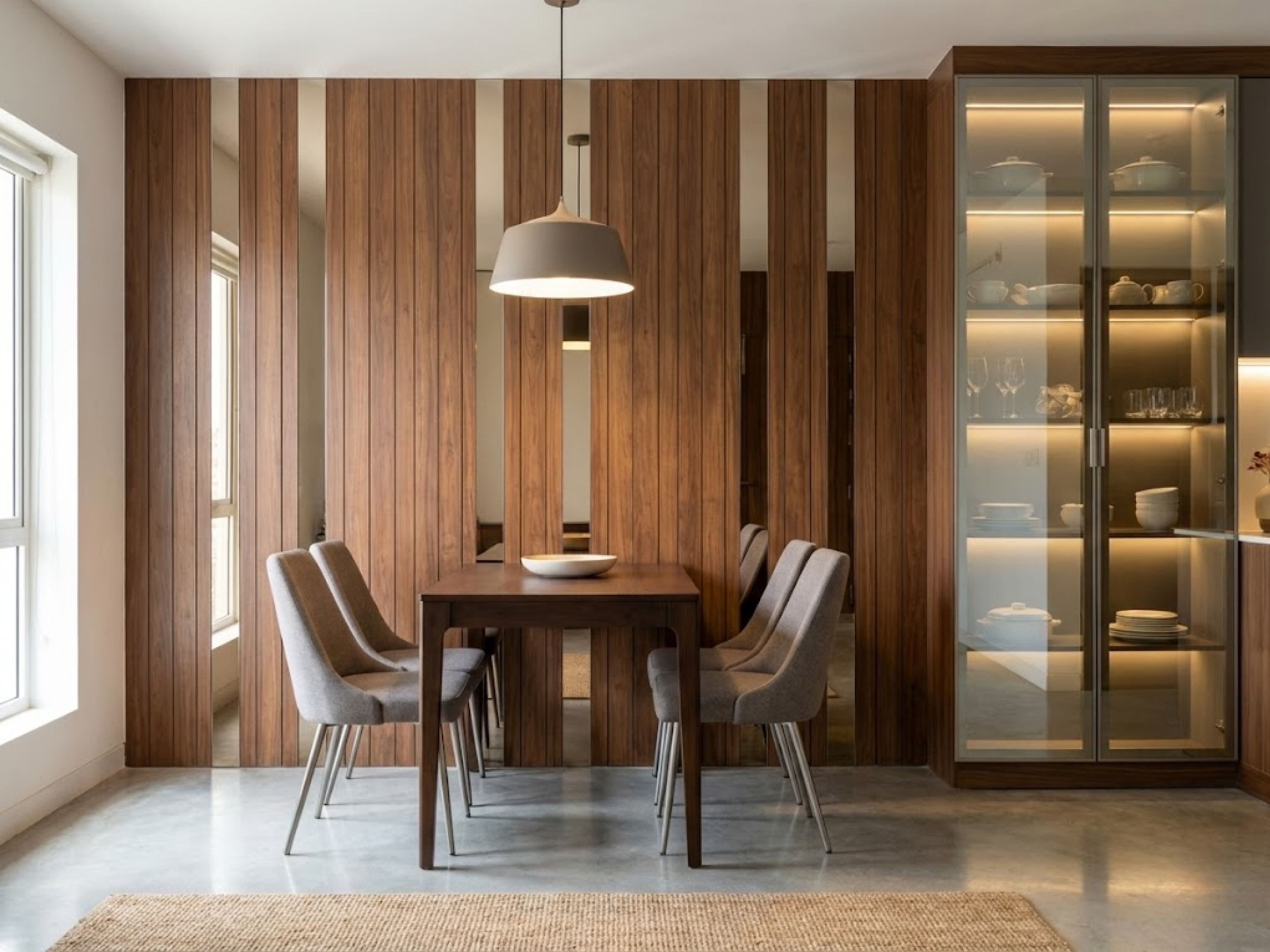 Dining room with wooden table and glass cabinet - Beautiful Homes