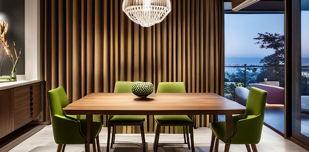 Wooden dining room with wall paneling and hanging lights-Beautiful Homes