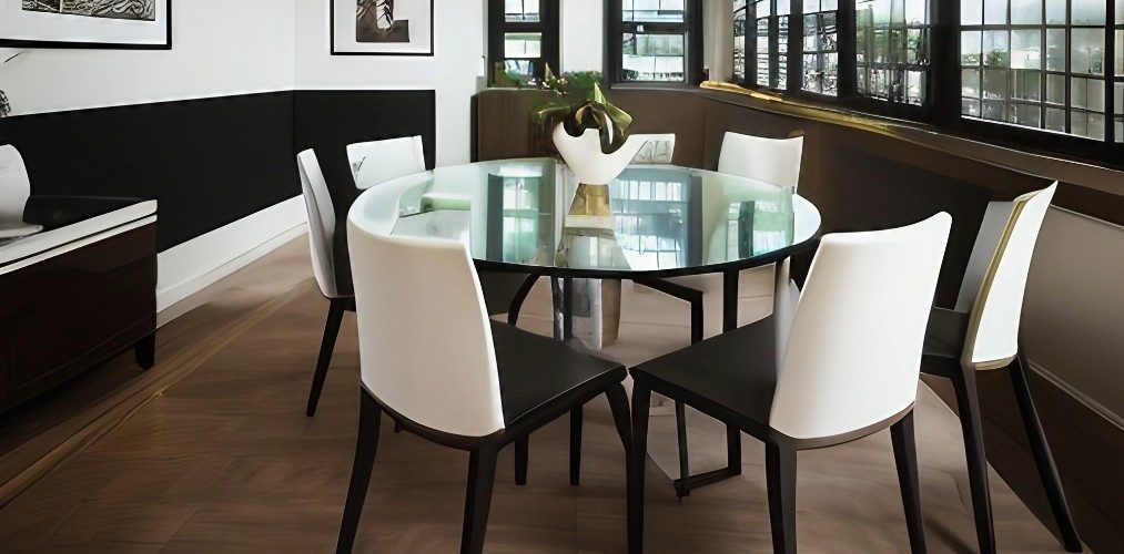 Glass top dining table with blue chairs-Beautiful Homes