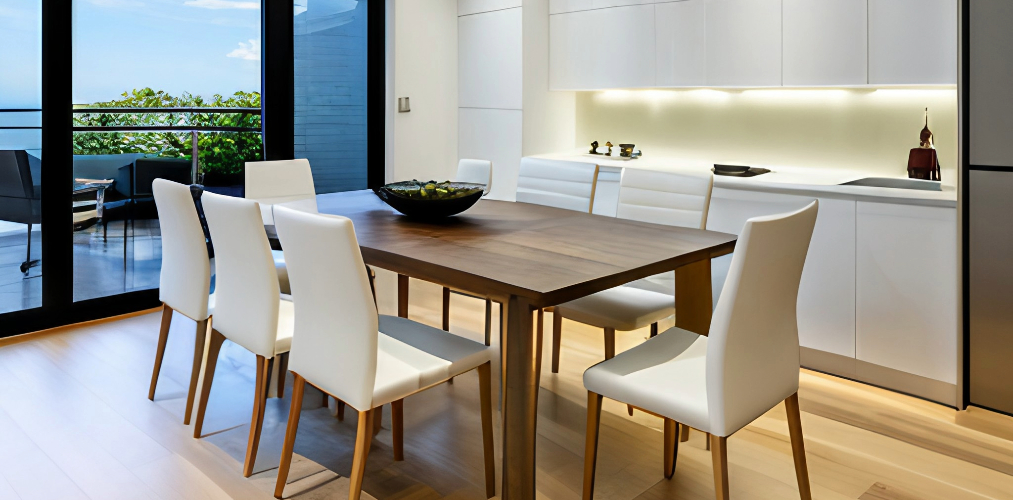 Modern wooden dining table with white chairs-Beautiful Homes