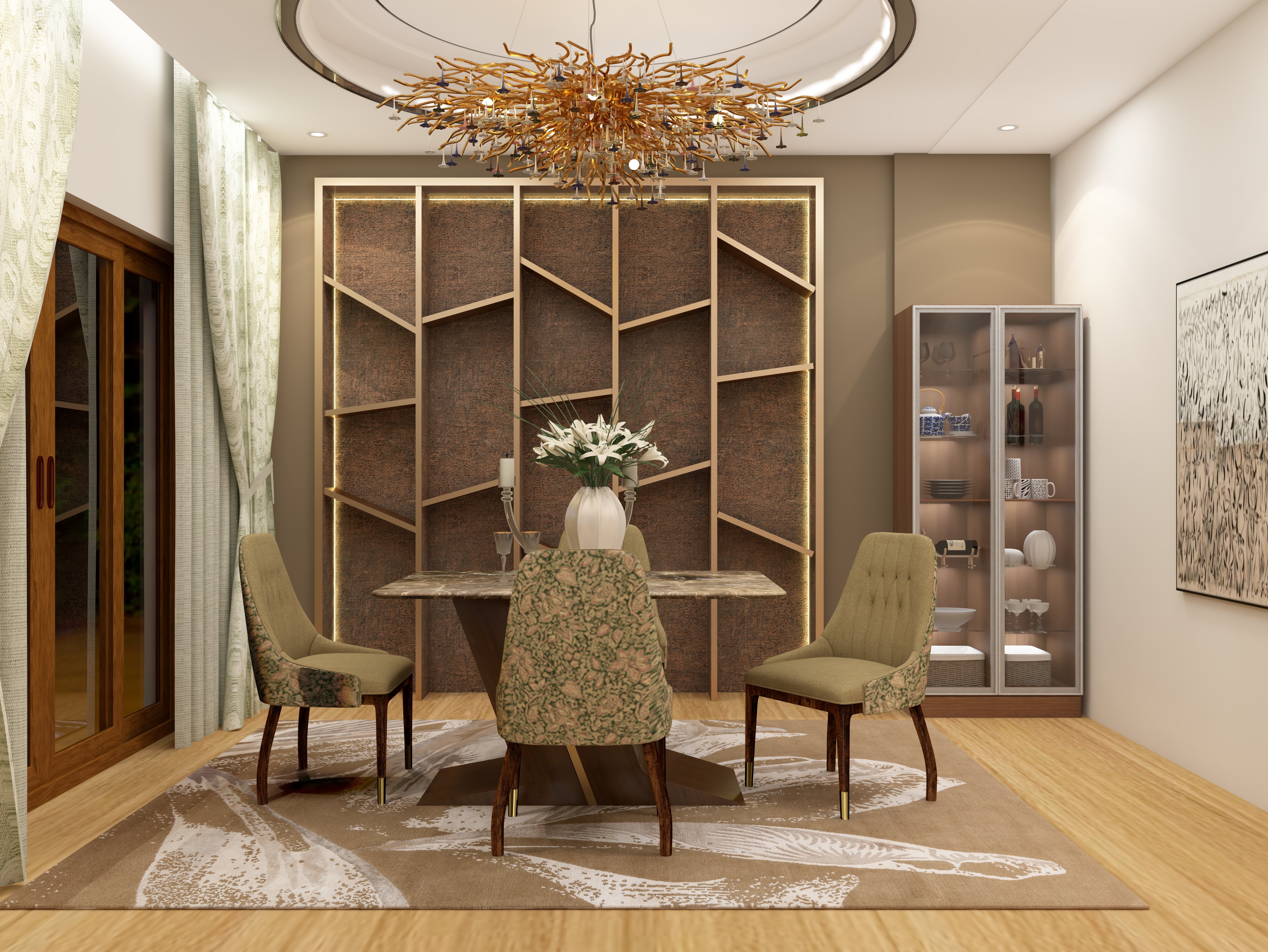 Elegant dining room with wooden table and chandelier - Beautiful Homes