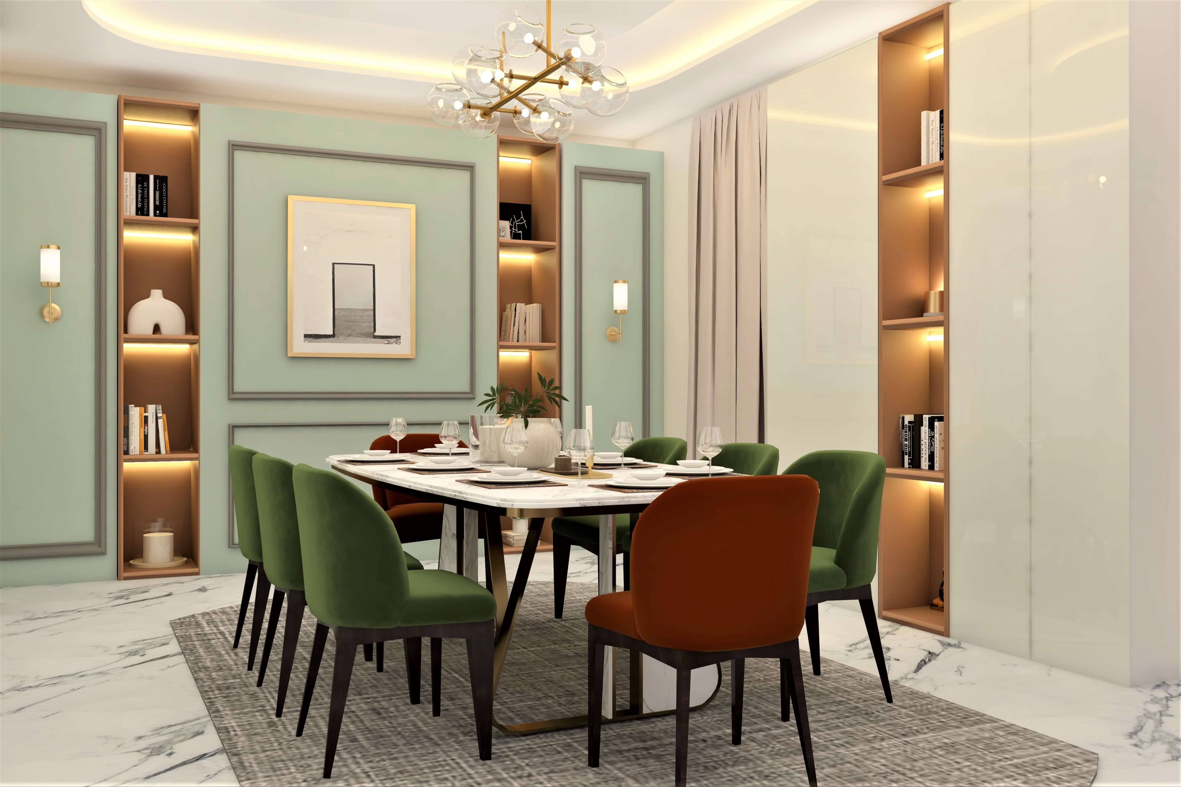 Eight seater dining room design with pastel hued colour palette - Beautiful Homes