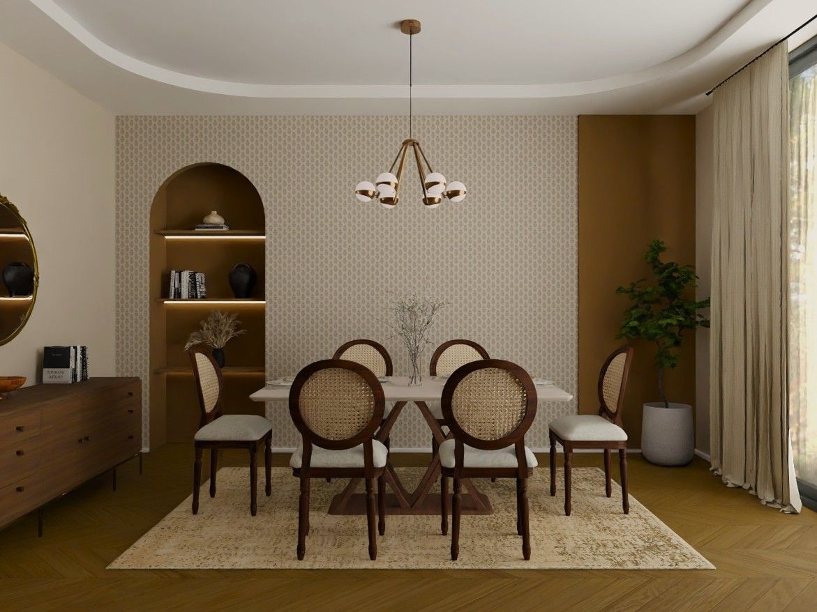 Stylish dining room featuring rattan chairs, arched niche, and a modern chandelier - Beautiful Homes