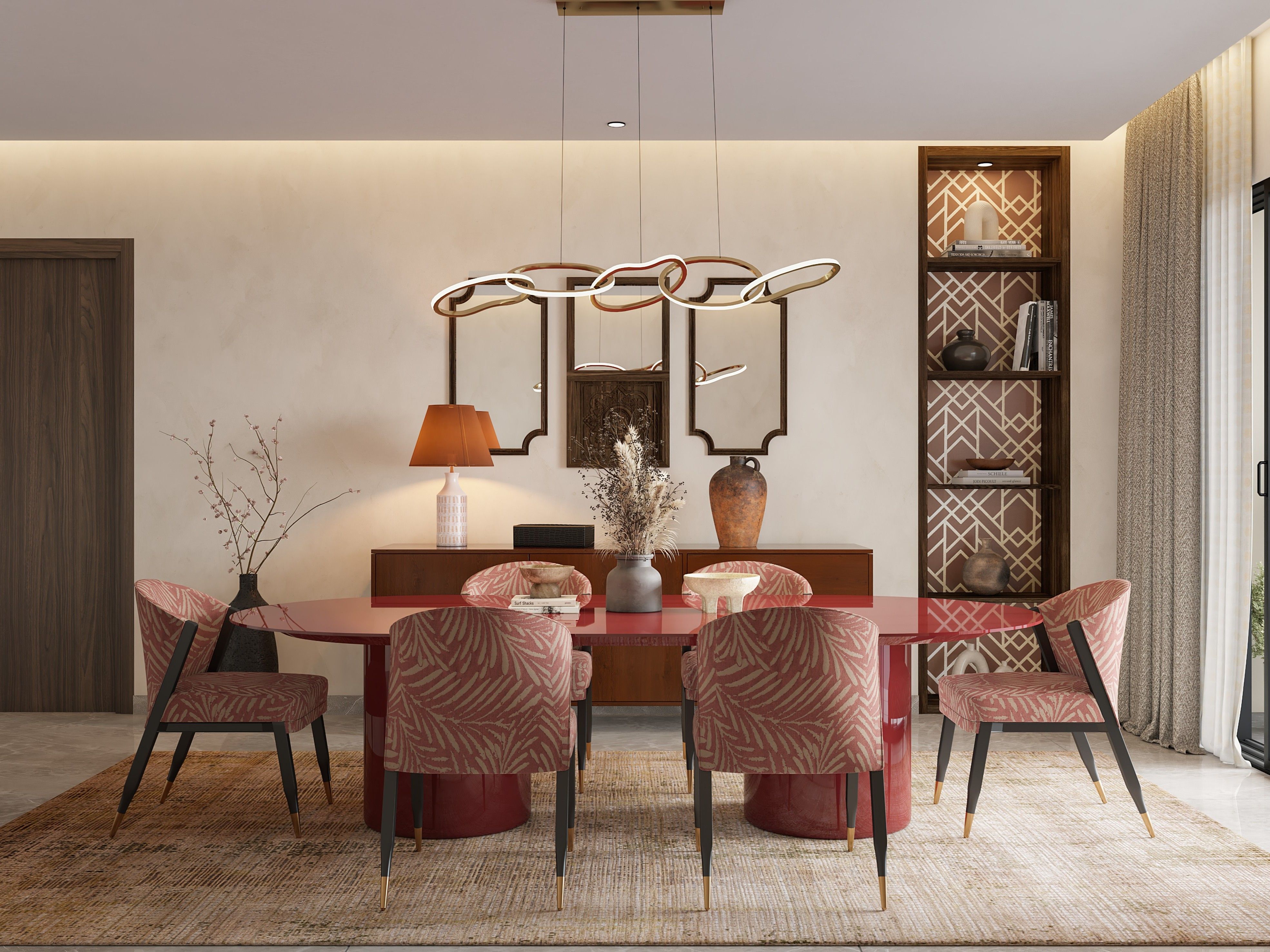 Sophisticated dining room featuring a glossy red table, patterned chairs, and a contemporary chandelier - Beautiful Homes