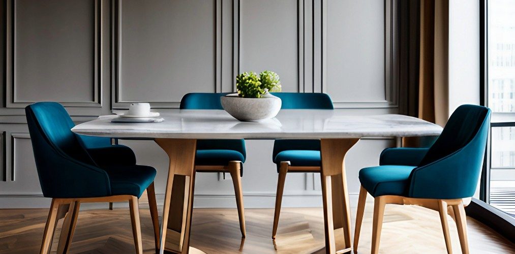 Dining room with marble top dining table and blue chairs-Beautiful Homes