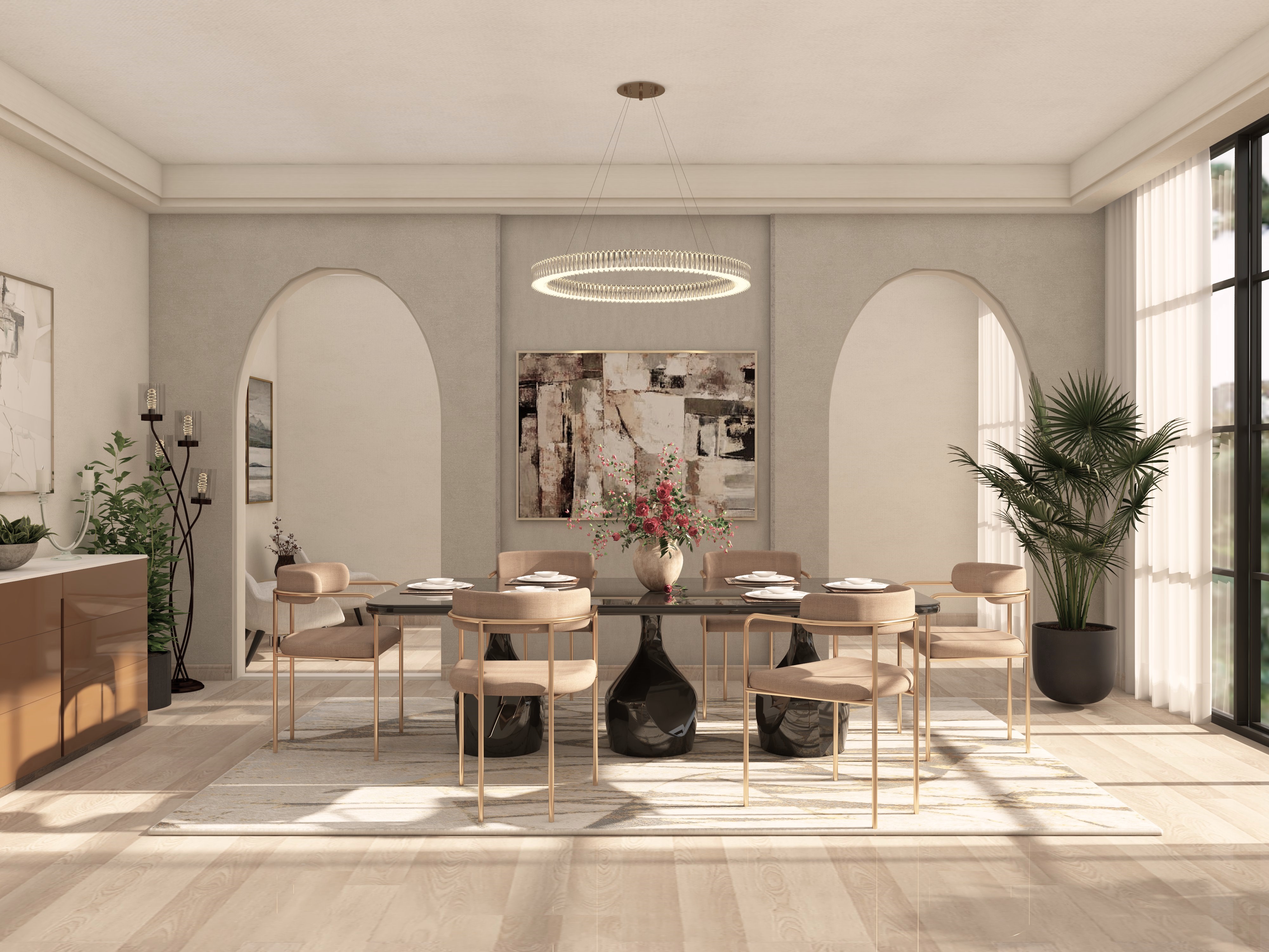 Stylish dining room with glass table and décor - Beautiful Homes