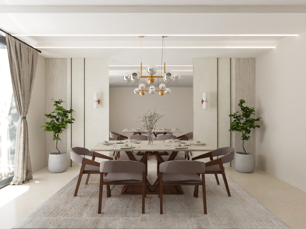 Stylish dining room with wooden table and lights - Beautiful Homes