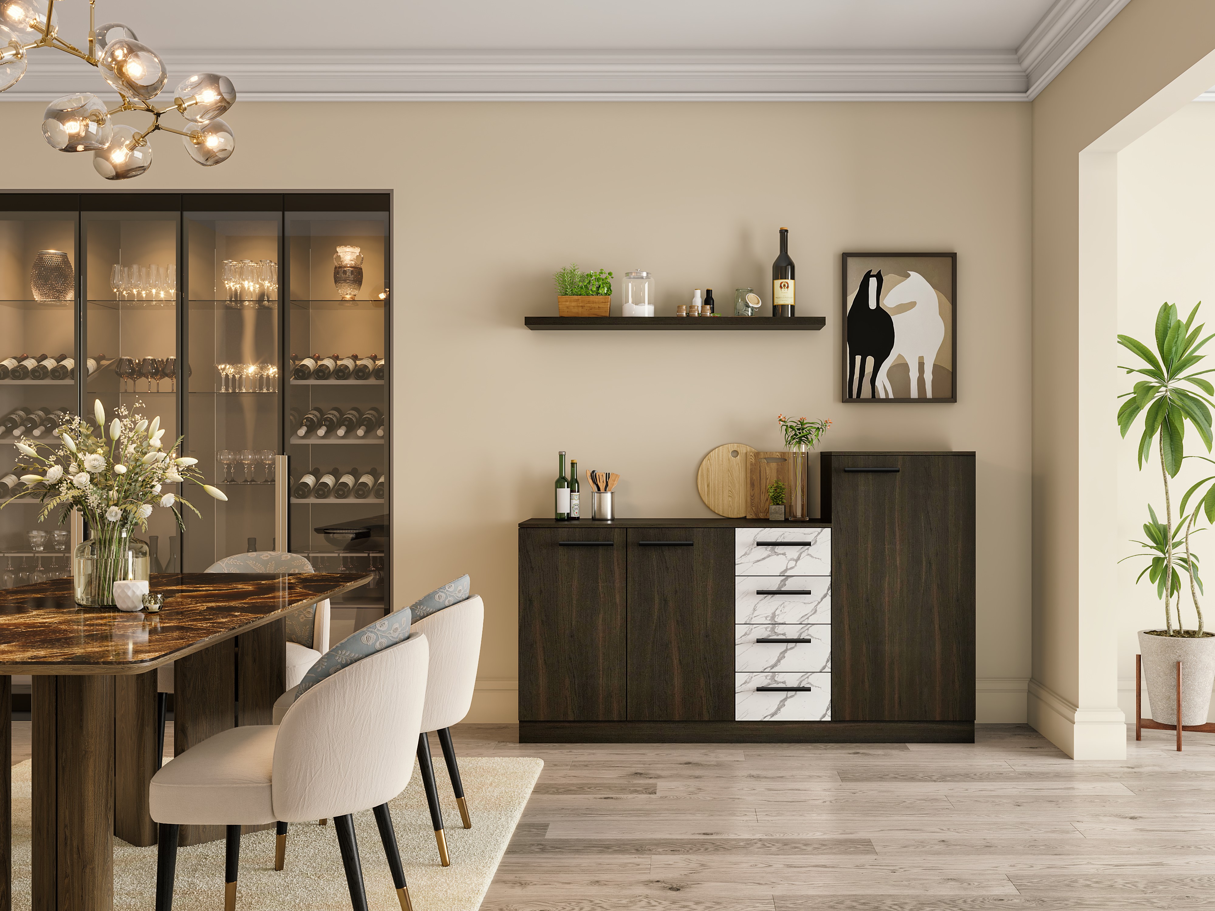 Modern wooden crockery unit and glass front cabinets - Beautiful Homes