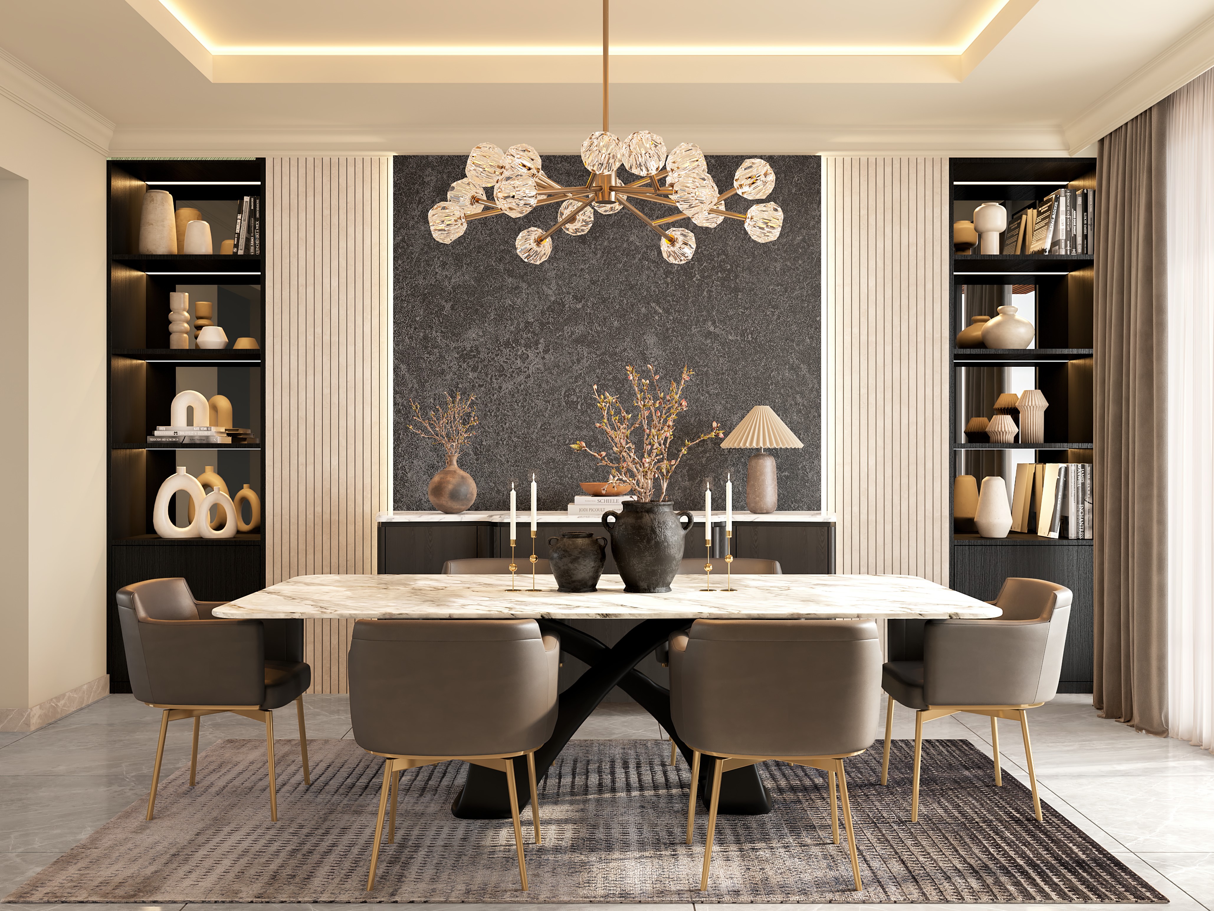 Dining room with marble table and modern décor - Beautiful Homes