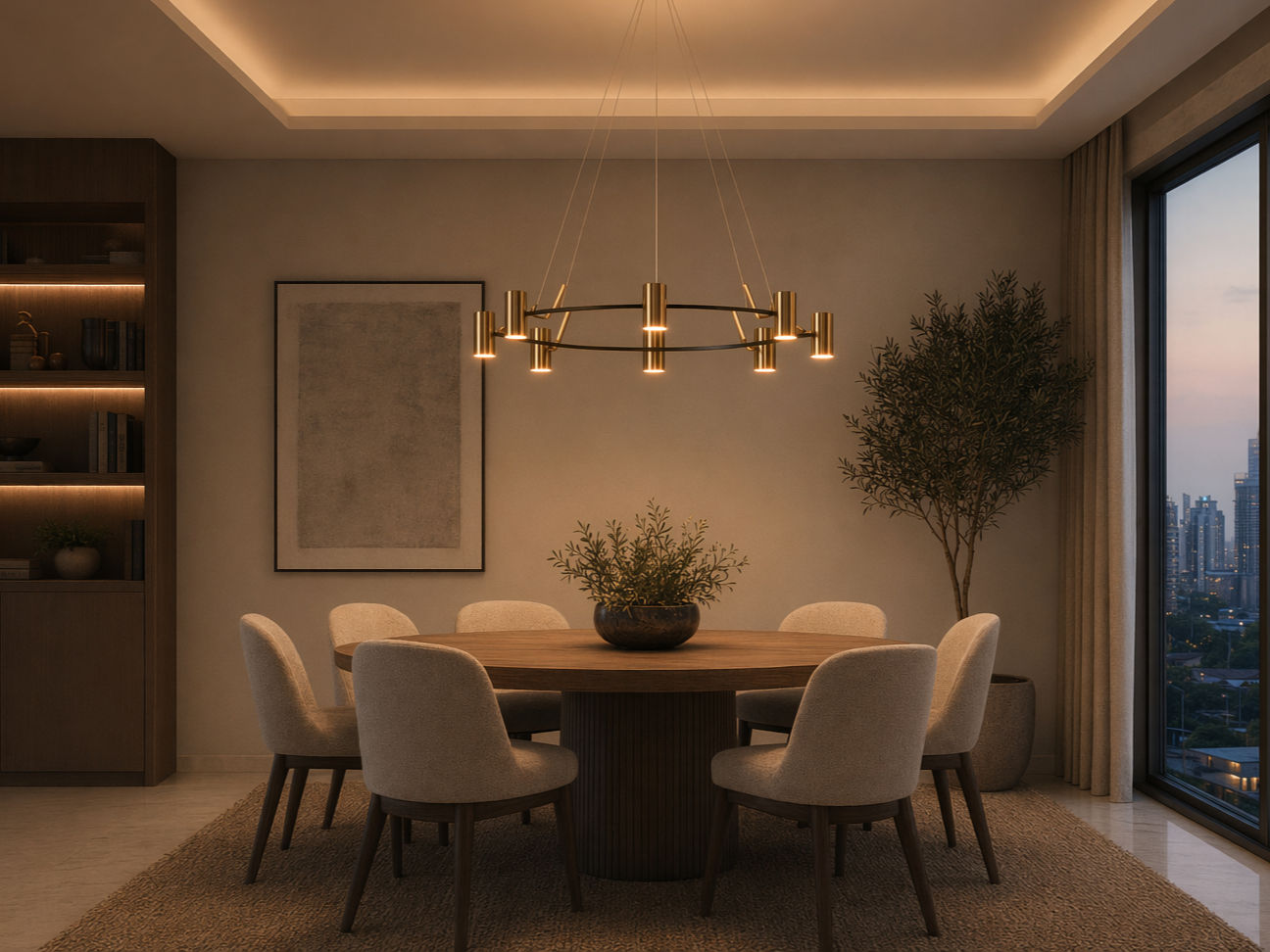Modern circular pendant light with a slim black frame and brass cylindrical fixtures - Beautiful Homes