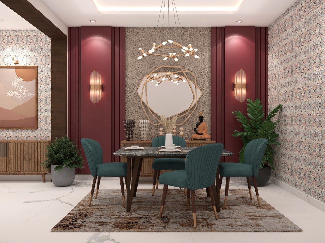 Modern style dining room with Royale dining table, Nilaya upholstered chairs, and white teak chandelier - Beautiful Homes