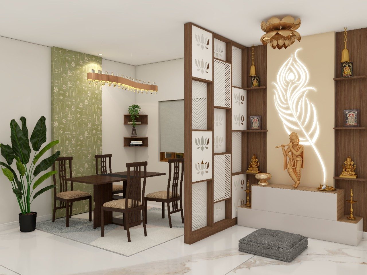 Modern wooden dining room with CNC panel partition with puja unit - Beautiful Homes