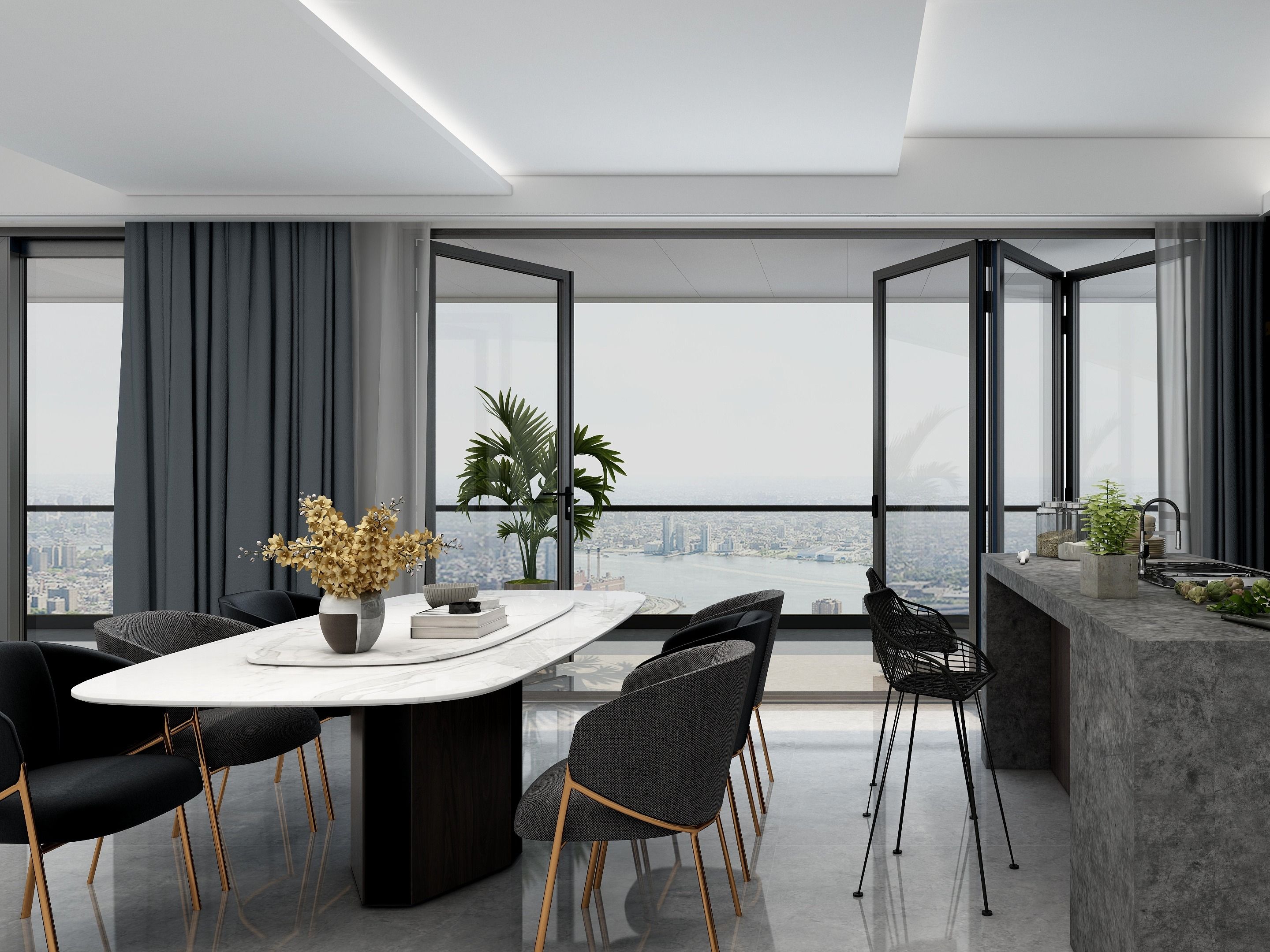 Luxurious dining room featuring a marble table, gold-accented chairs, and floor-to-ceiling windows - Beautiful Homes