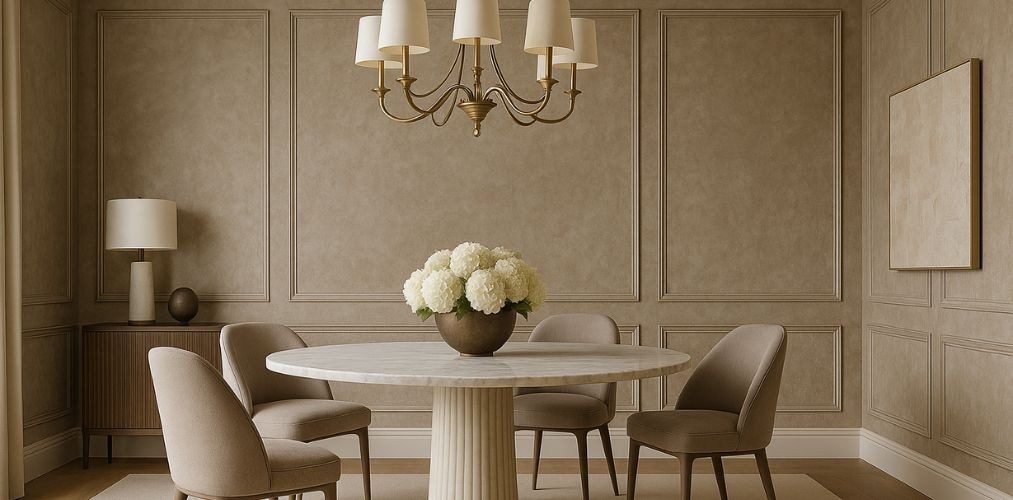 Neutral dining room with marble table and chairs - Beautiful Homes