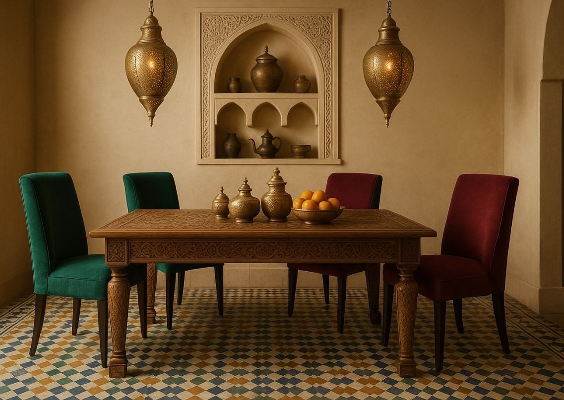 Dining room with velvet chairs and pendant lights - Beautiful Homes