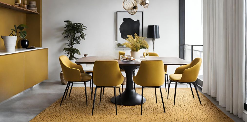 Mustard theme dining room with upholstered chairs and carpet-Beautiful Homes