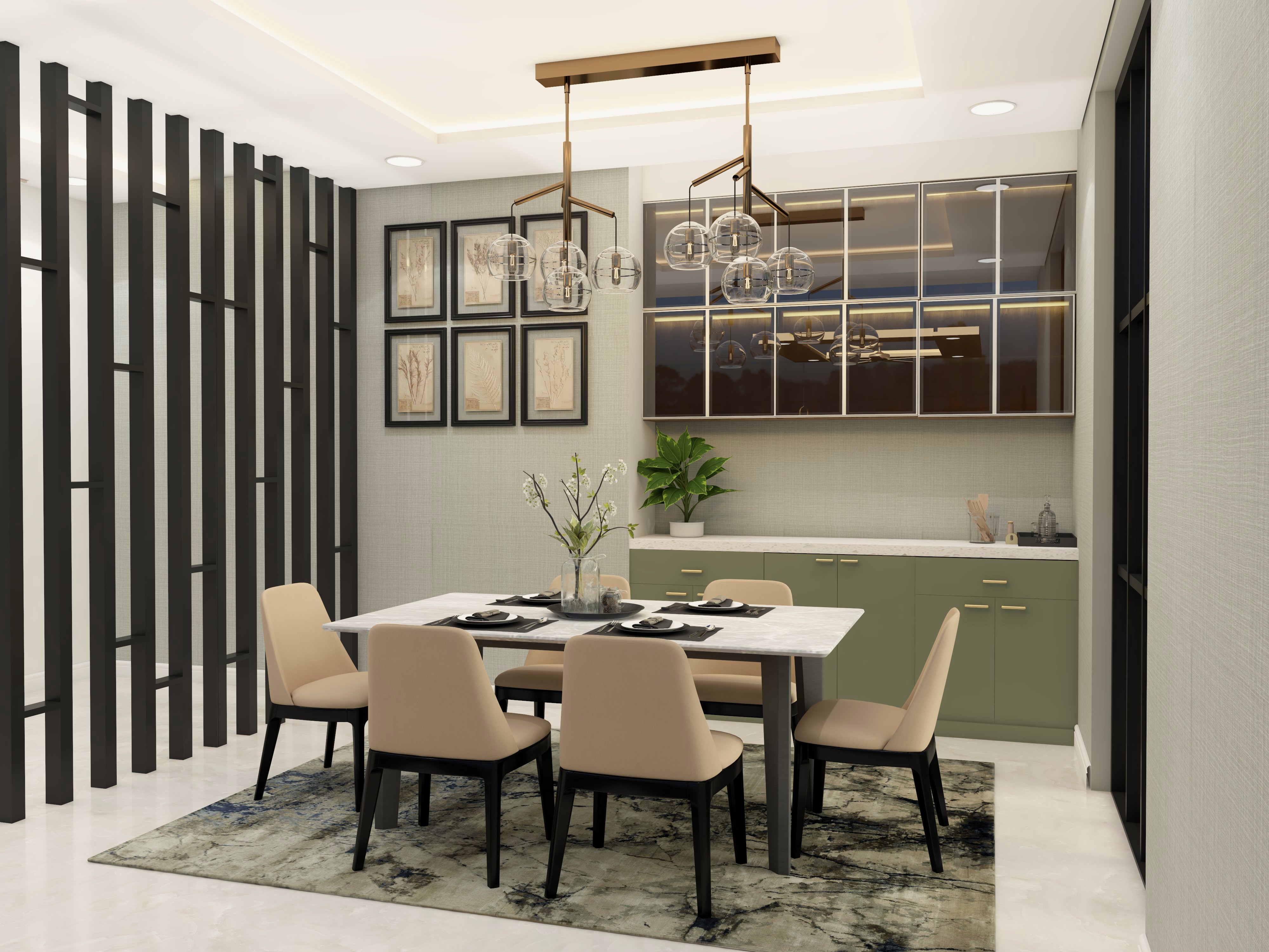 Neutral dining room with beige upholstered chairs and crockery unit-Beautiful Homes