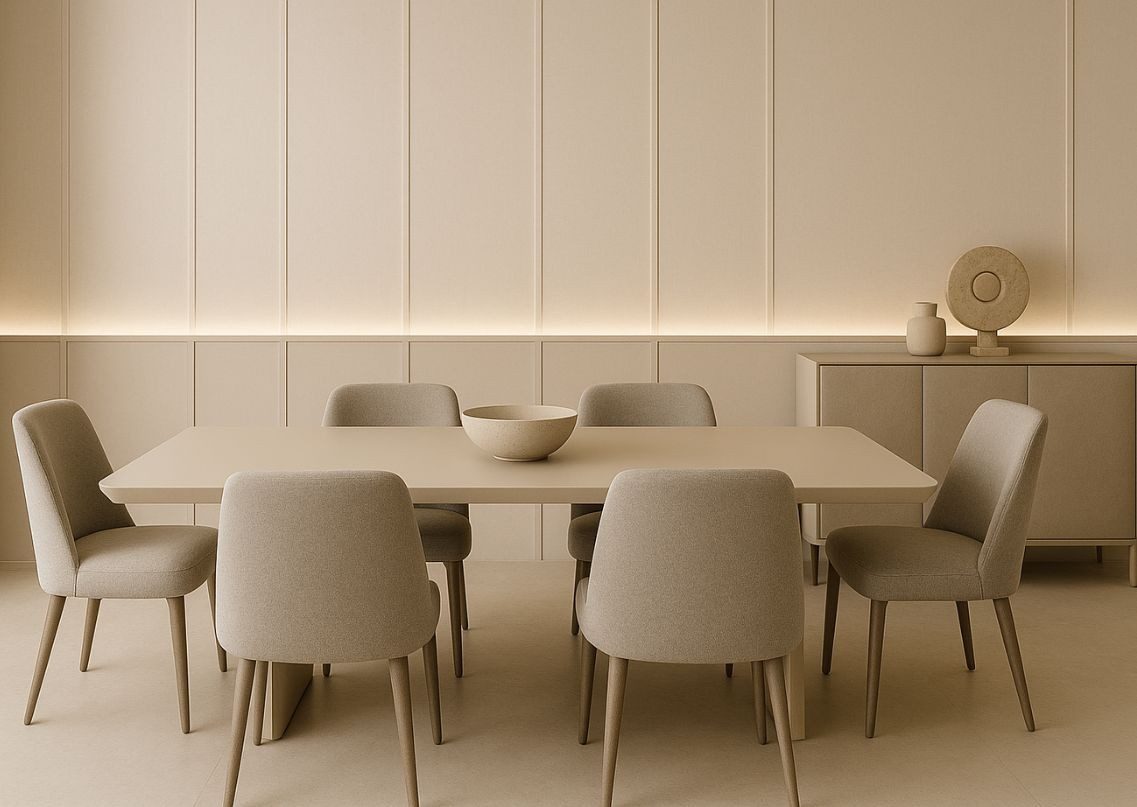 Neutral-tone dining room with a matte beige table and grey fabric chairs - Beautiful Homes