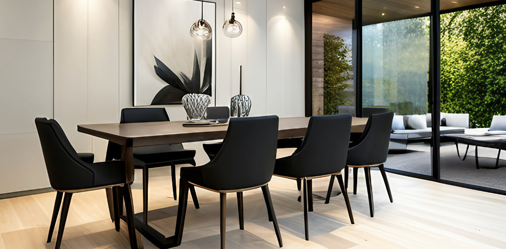 Neutral tone dining room with black dining chairs-Beautiful Homes