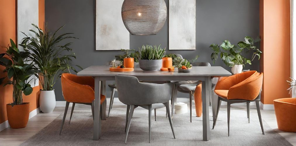 Orange and grey dining room with plants - Beautiful Homes