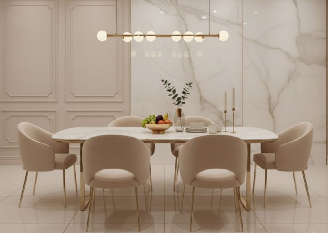 White marble table with beige chairs in dining room - Beautiful Homes