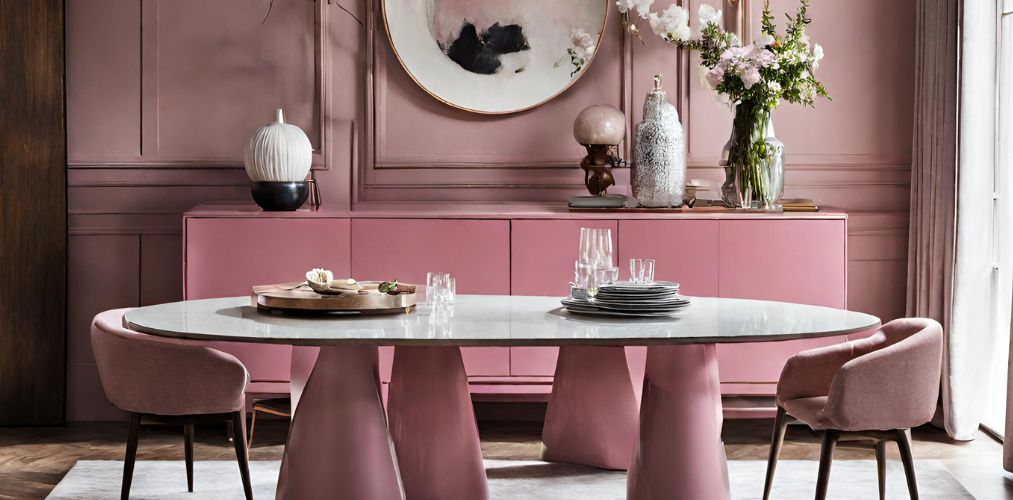 Pink contemporary dining room with sideboard - Beautiful Homes
