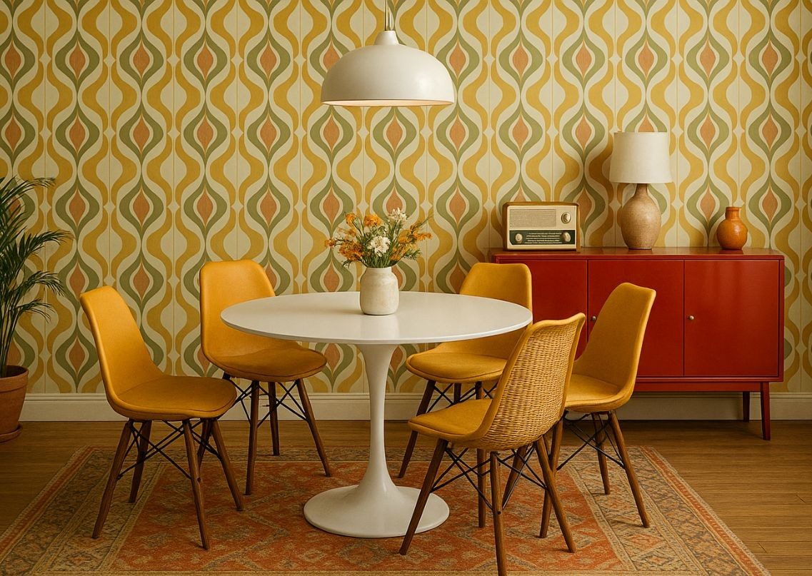 Retro dining room with yellow chairs and bold décor - Beautiful Homes