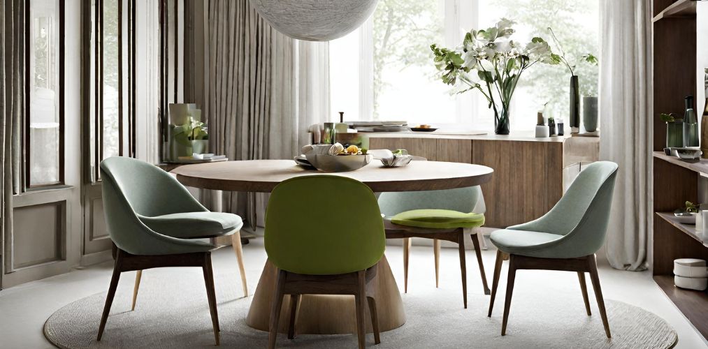 Round dining room with green upholstered chairs-Beautiful Homes