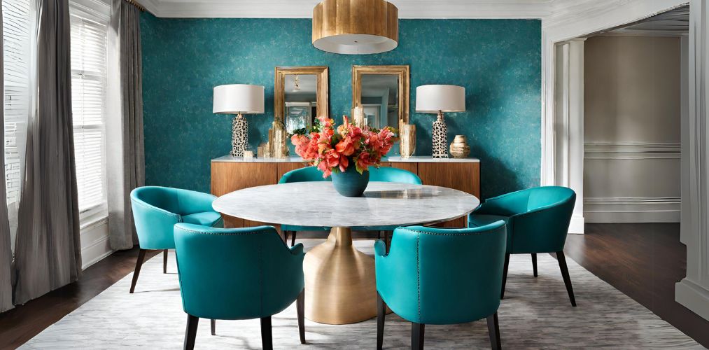 Round dining room with teal chairs and wallpaper - Beautiful Homes