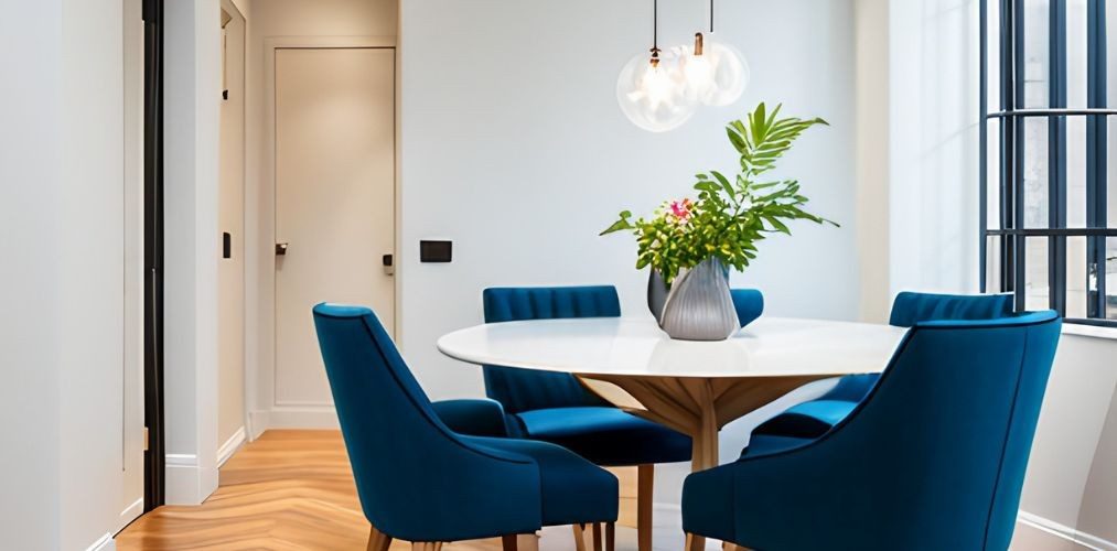 White round dining table with blue chairs-Beautiful Homes