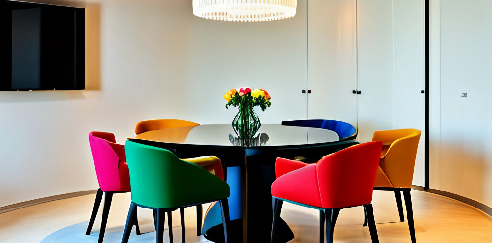 Round dining table with colorful dining chairs-Beautiful Homes