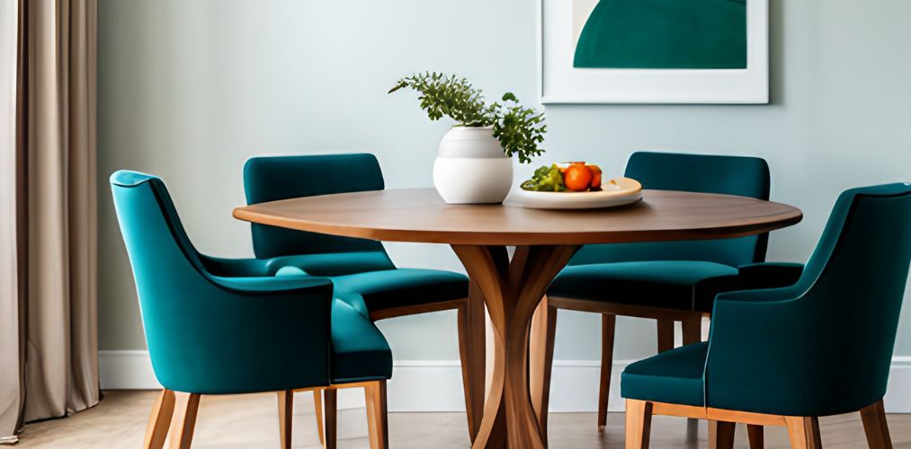 Wooden round dining table with teal chairs-Beautiful Homes