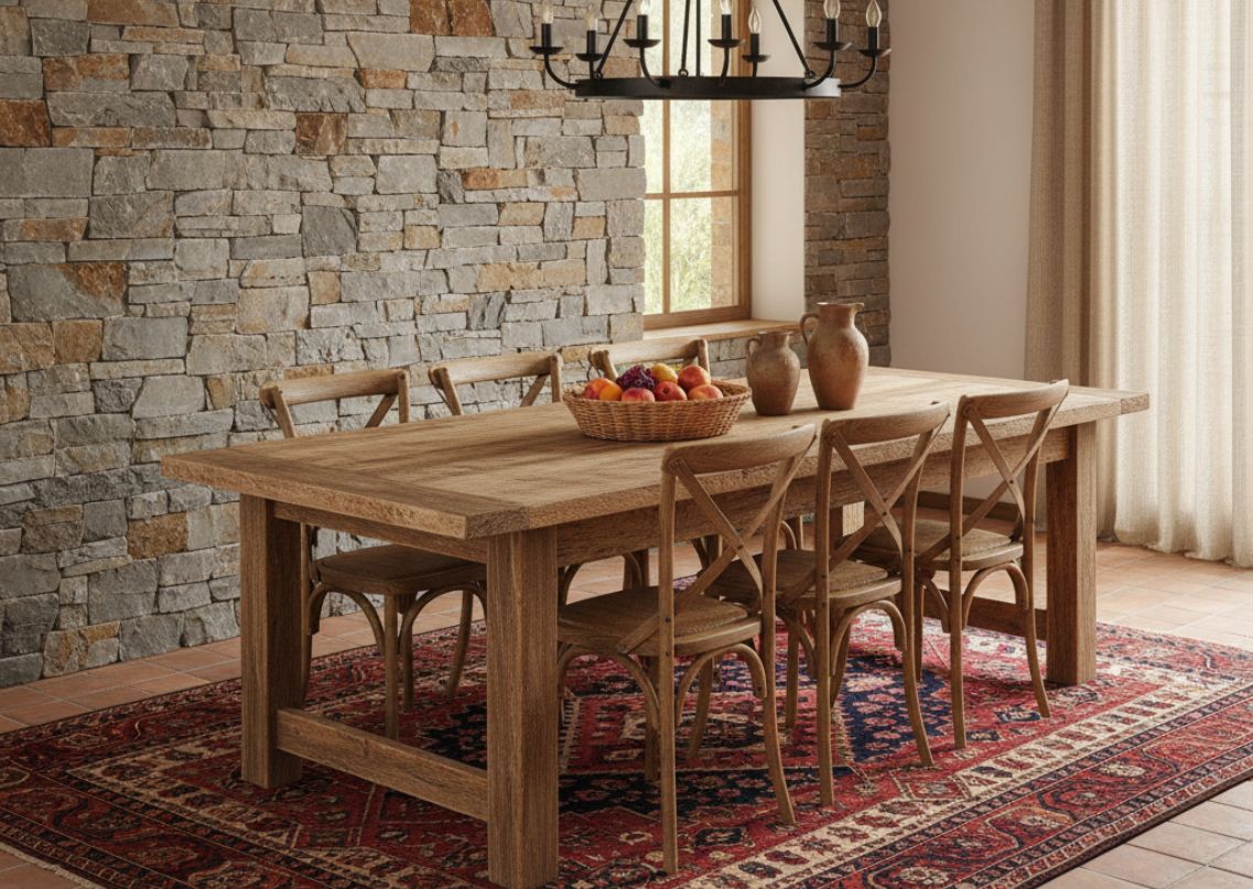 Dining room with wooden table and copper décor - Beautiful Homes