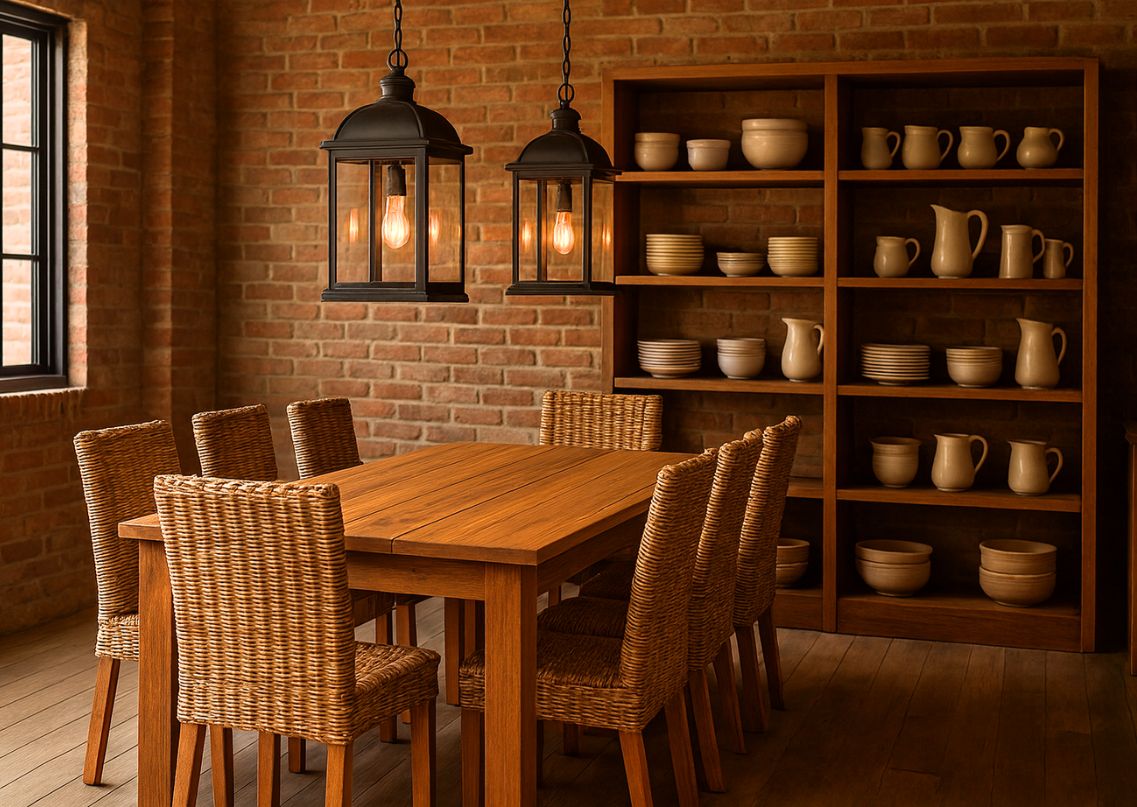 Dining room with wooden table and brick wall - Beautiful Homes
