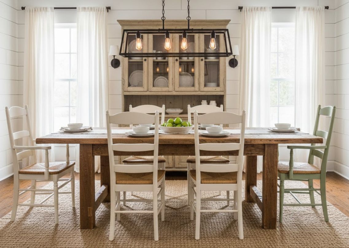 Farmhouse dining room with wooden table and décor - Beautiful Homes