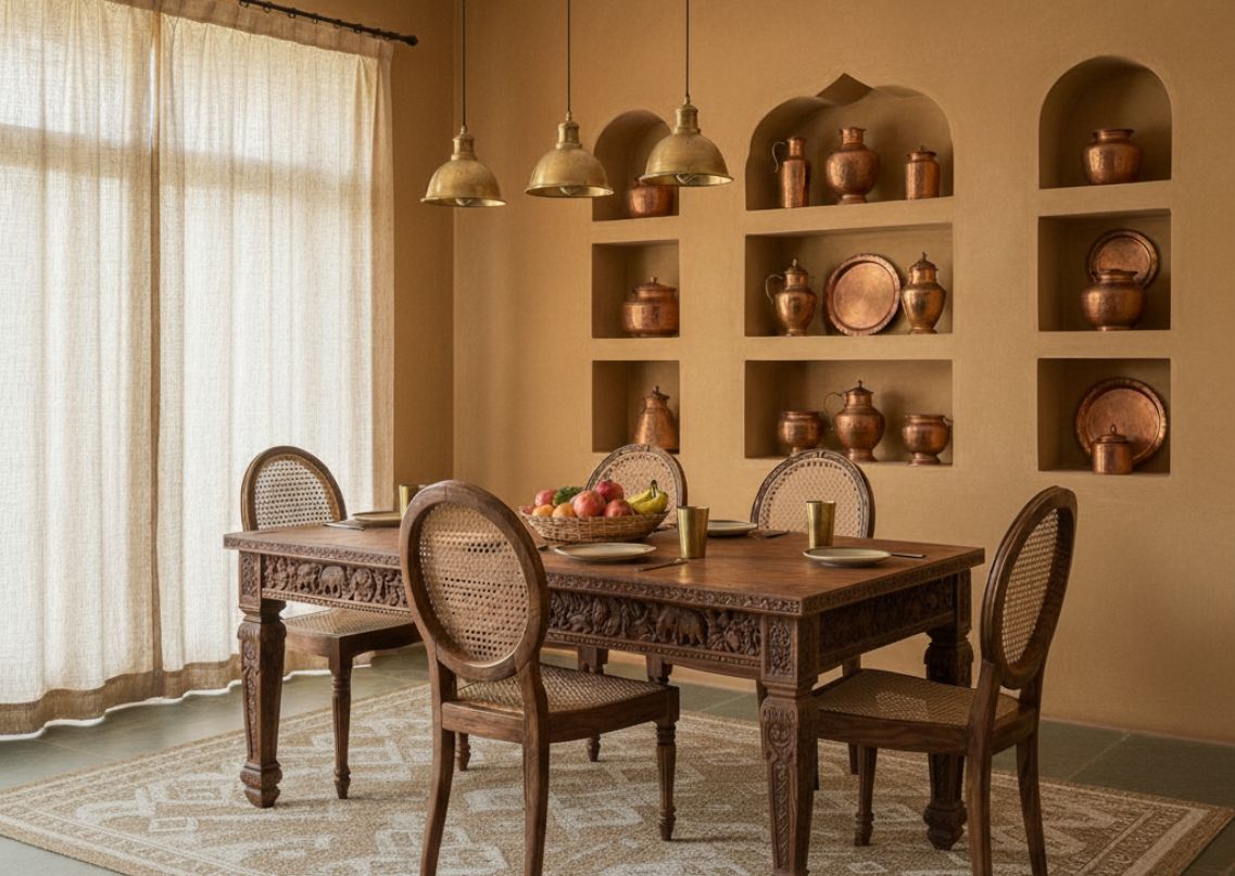 Rustic dining table with chairs and stone wall - Beautiful Homes