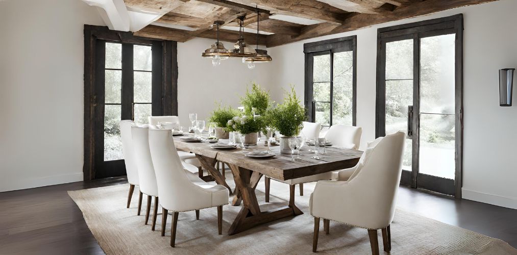 Rustic wooden dining table surrounded by white upholstered chairs - Beautiful Homes