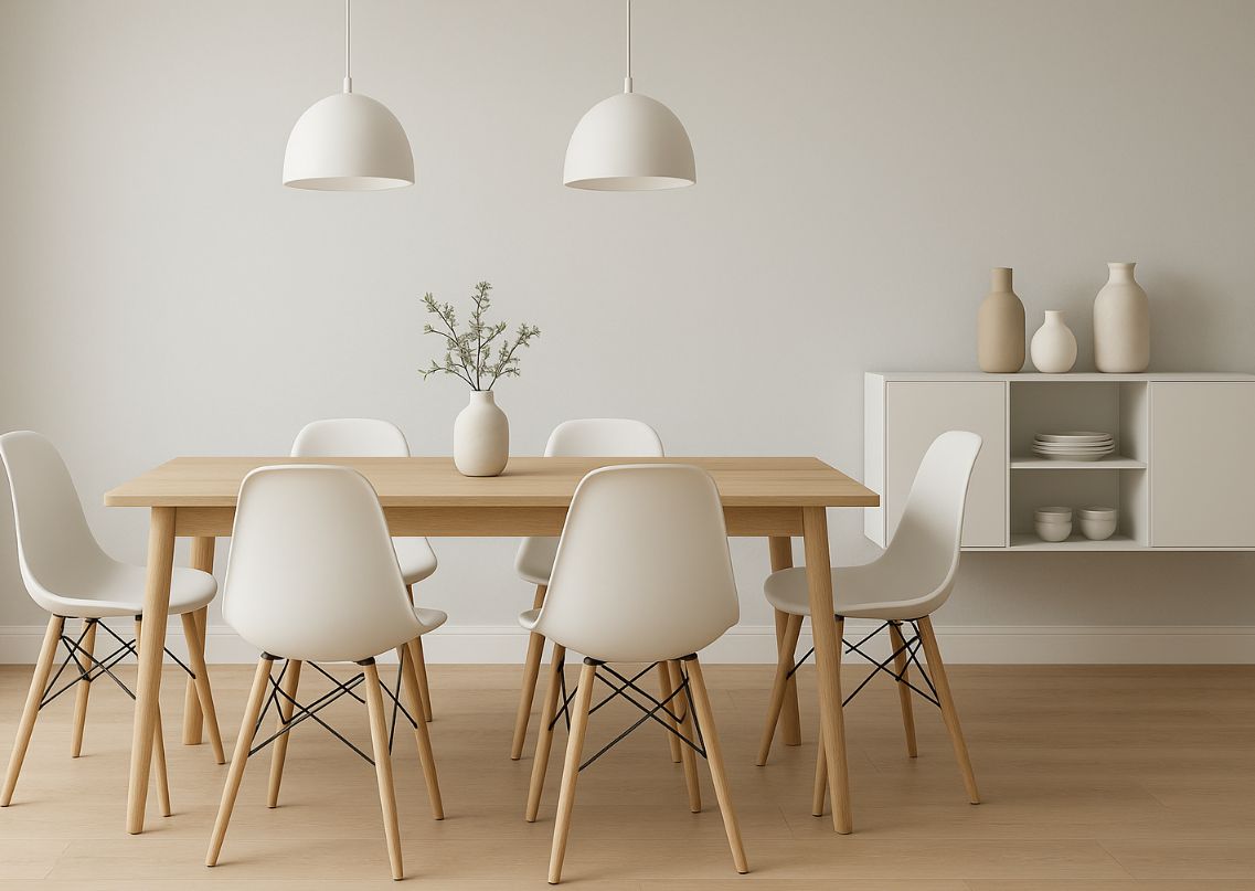 Minimalist dining room with wooden table and chairs - Beautiful Homes
