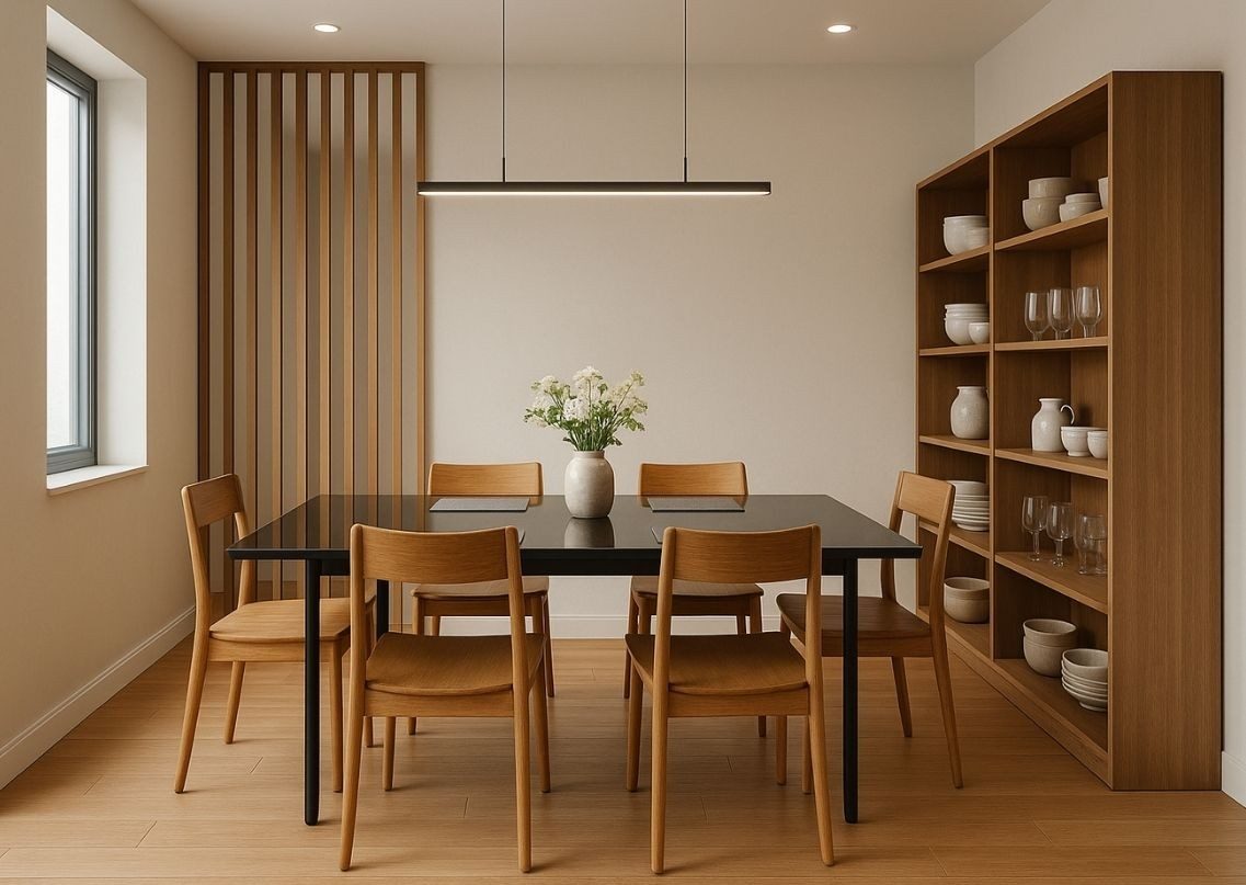 Dining room with black glass table and wooden chairs - Beautiful Homes