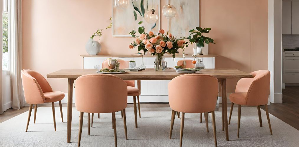 Simple dining room with peach upholstered chairs - Beautiful Homes