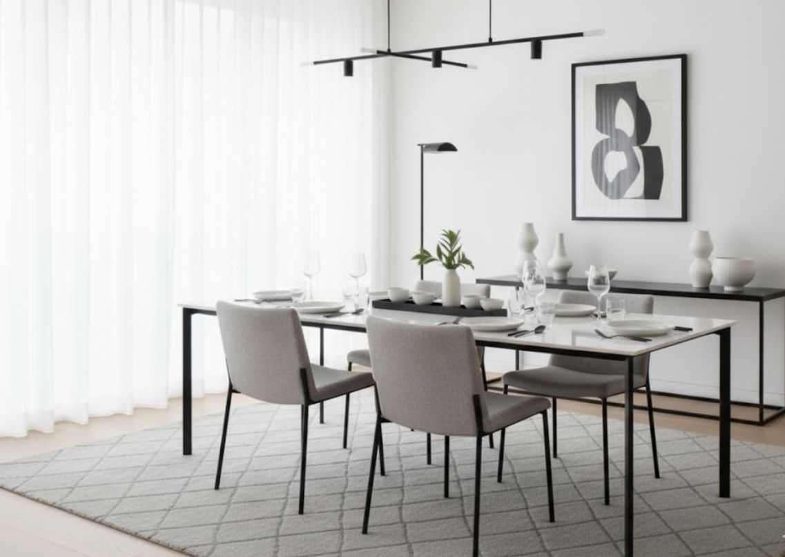Dining room with white table and neutral chairs - Beautiful Homes