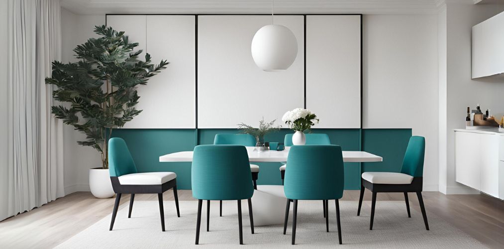 Simple dining room with teal and white interiors - Beautiful Homes