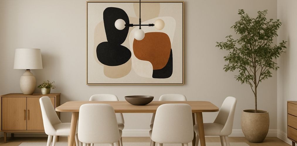 Dining room with wooden table and neutral décor - Beautiful Homes