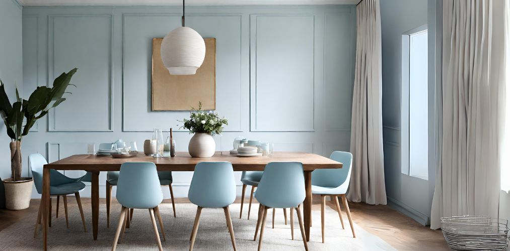 Simple dining room with wooden dining table and pastel blue chairs-Beautiful Homes