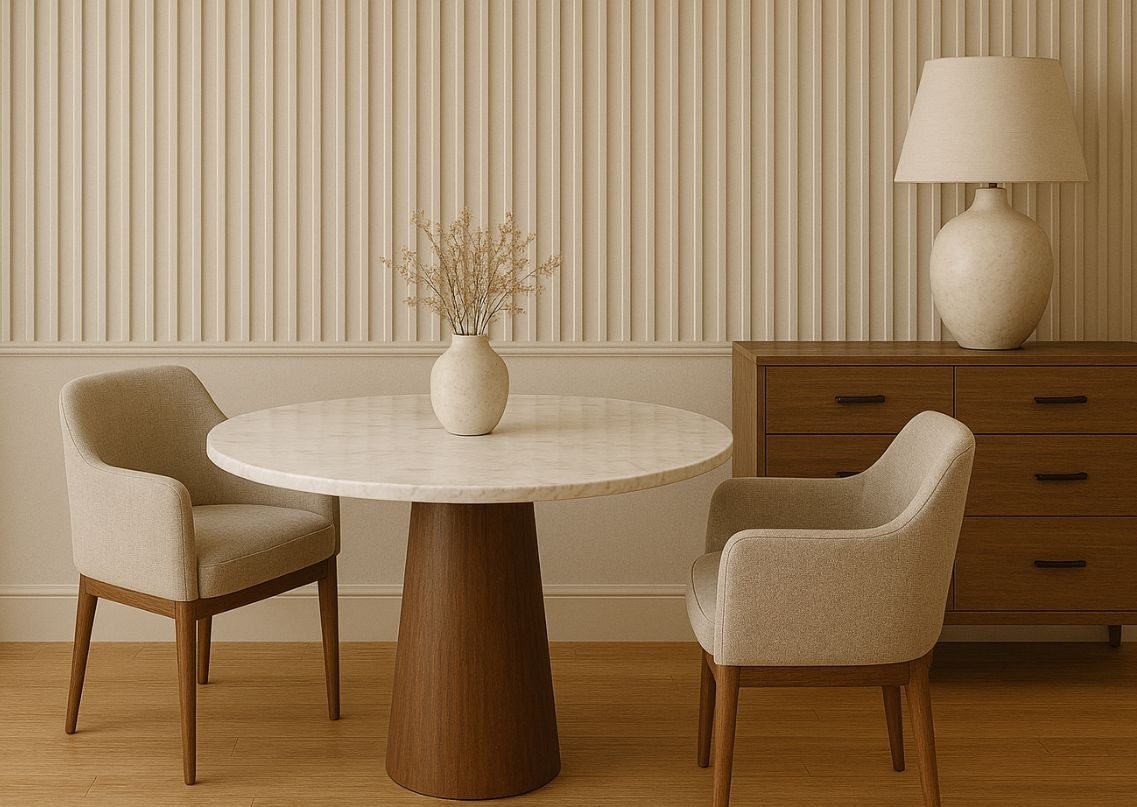 Modern beige dining room with round marble table - Beautiful Homes