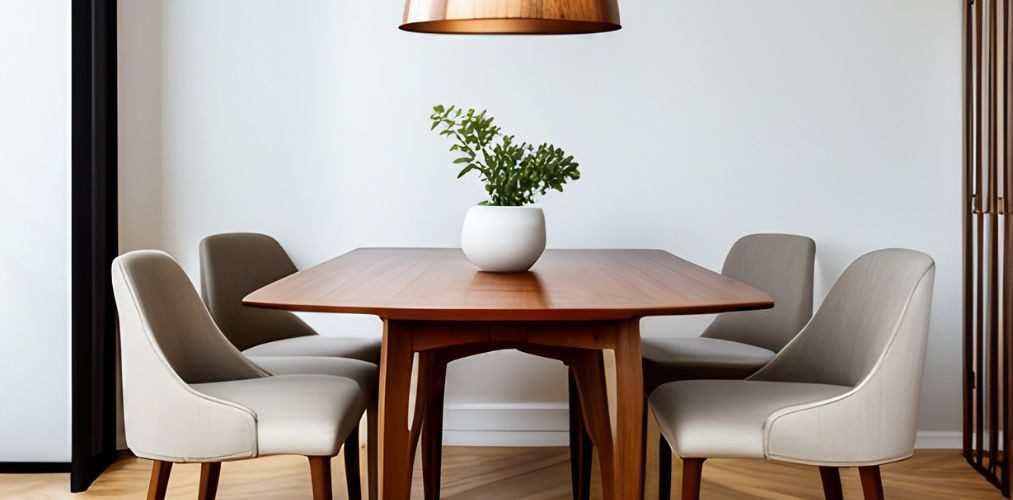 Wooden dining table with beige chairs-Beautiful Homes