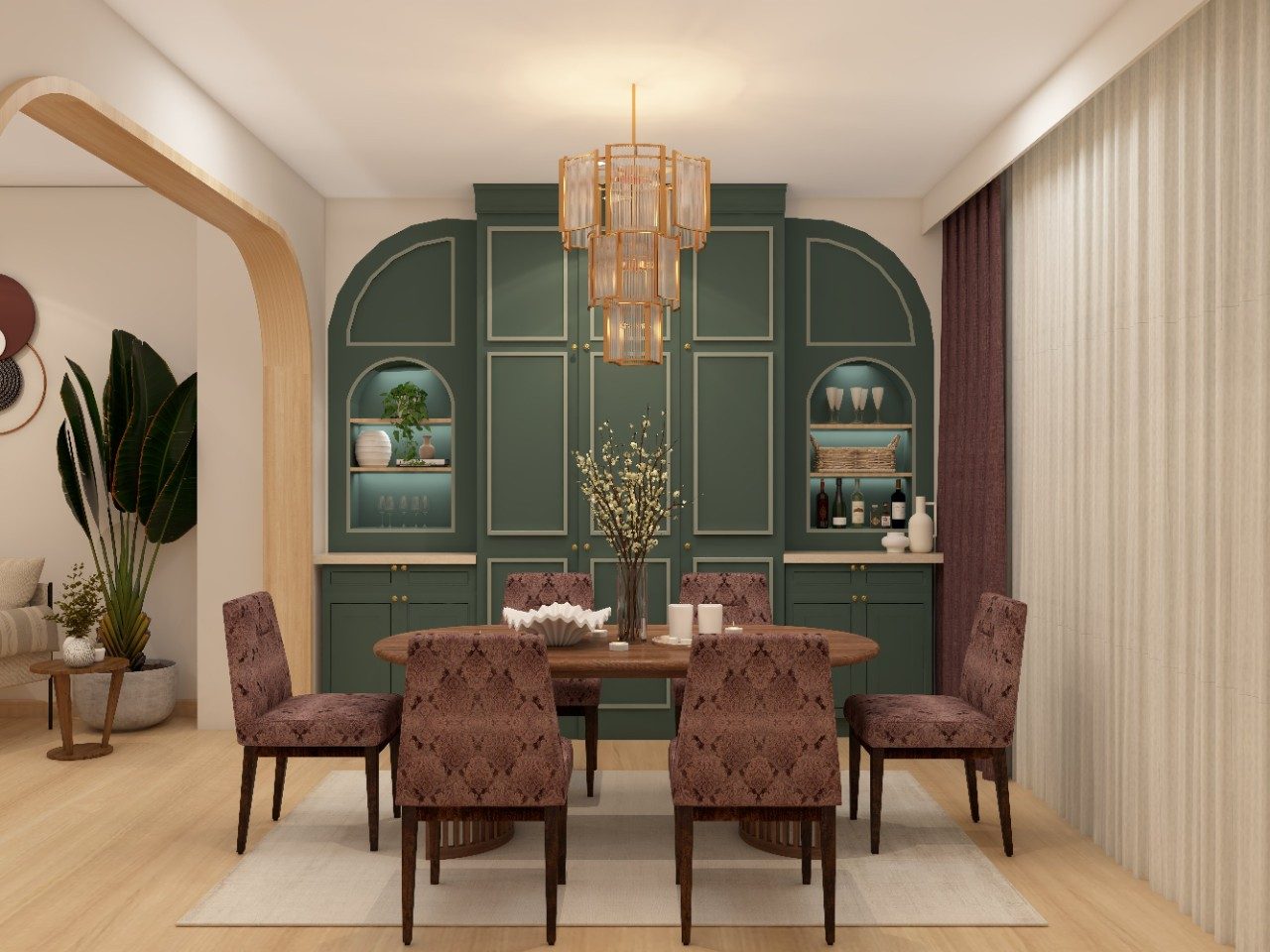 Traditional dining room design with 6-seater dining table and  green wall paneling - Beautiful Homes