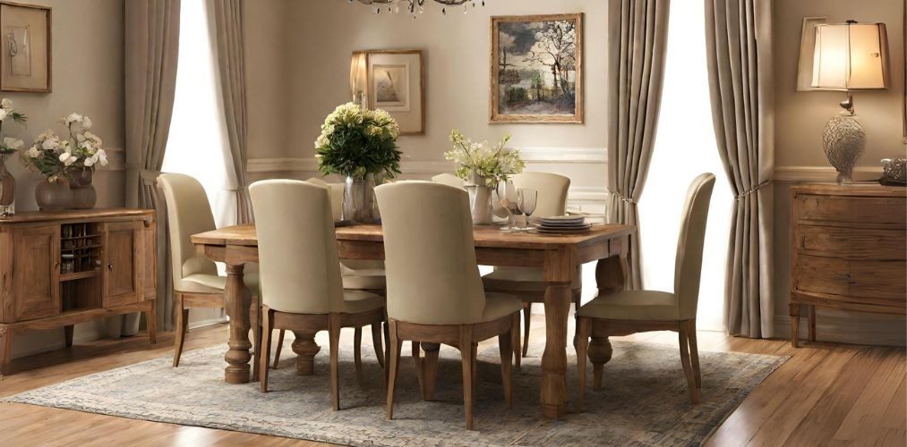 Traditional dining room with 6-seater dining table and wooden sideboard - Beautiful Homes